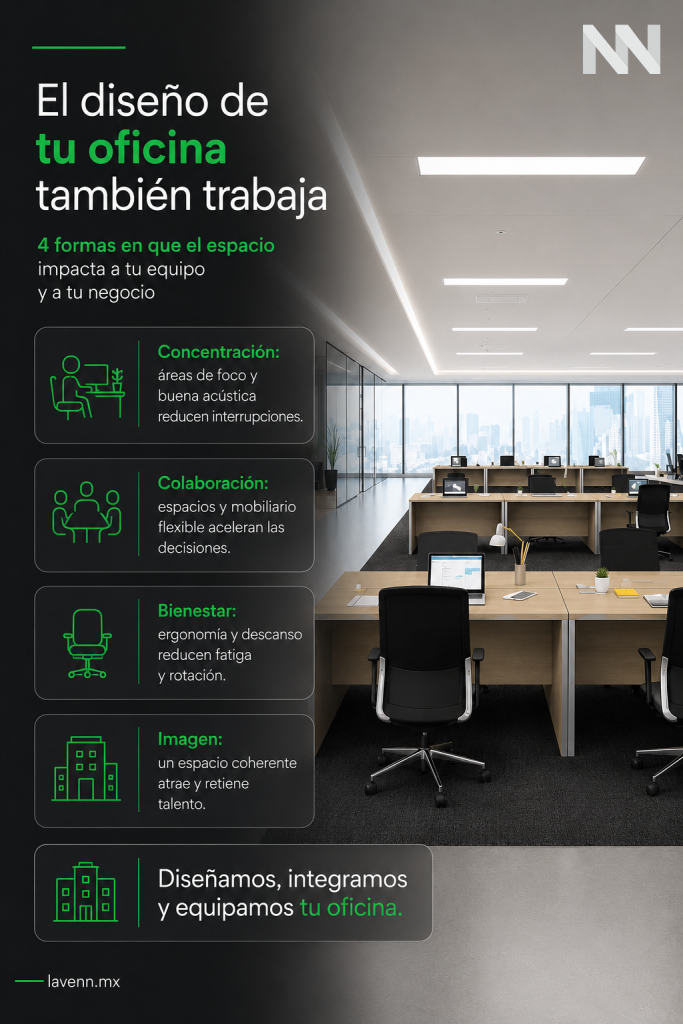 El diseño de tu oficina también trabaja 4 formas en que el espacio impacta a tu equipo y a tu negocio Concentración: áreas de foco y buena acústica reducen interrupciones. Colaboración: espacios y mobiliario flexible aceleran las decisiones. Bienestar: ergonomía y descanso reducen fatiga y rotación. Imagen: un espacio coherente atrae y retiene talento. Diseñamos, integramos y equipamos tu oficina. LAVENN · lavenn.mx