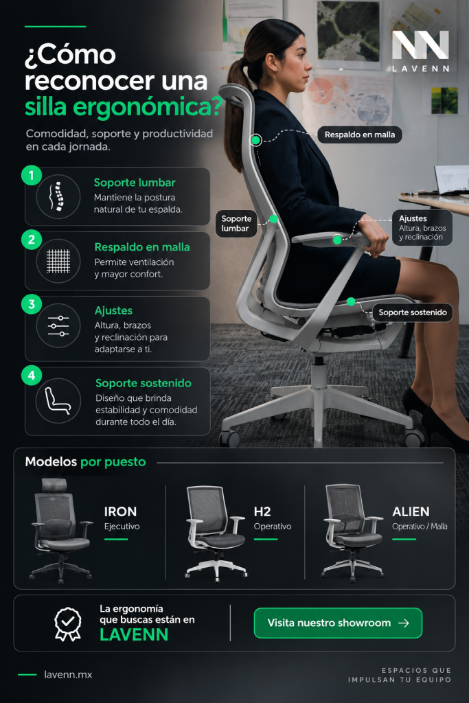 ¿Cómo reconocer una silla ergonómica? (Poner foto de silla ergonomica de lavenn, señalar en puntos) soporte lumbar · respaldo en malla · ajustes (altura/brazos/reclinación) · soporte sostenido. Franja de modelos por puesto: IRON (ejecutivo) · H2 (operativo) · ALIEN (operativo/malla). La ergonomía que buscas están en LAVENN 